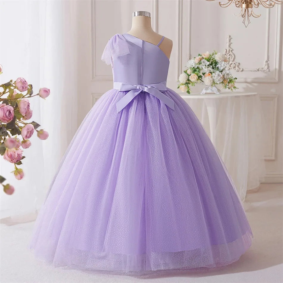 New Girls Purple Sequins Fluffy Dress Princess Violet Dress Children Slanted Shoulder Bow Wedding Dress Teen Piano Costume ASQ03