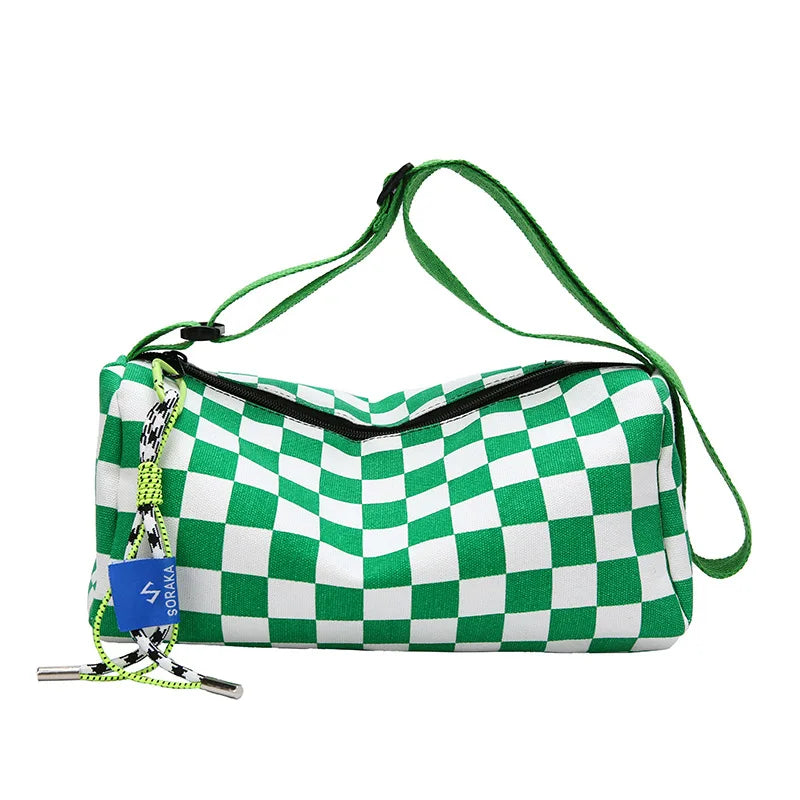 Trendy Black & White Checkerboard Crossbody Bag with Pendant, Casual Y2K Style Canvas Shoulder Purse for Women's Everyday Wear