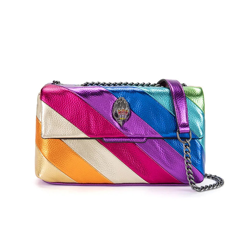 2026 New Metallic Rainbow Stripes Heart Bag PU Leather Chain Crossbody Purse