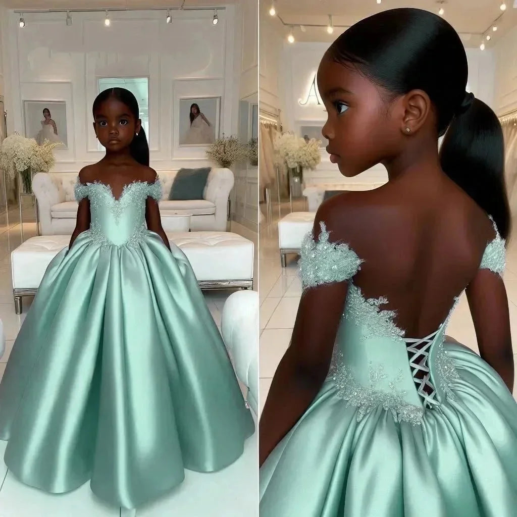 Satin Customized Flower Girl Dress For Wedding Off Shoulder Lace Appliqué With Corset Back Design Birthday First Communion Gown