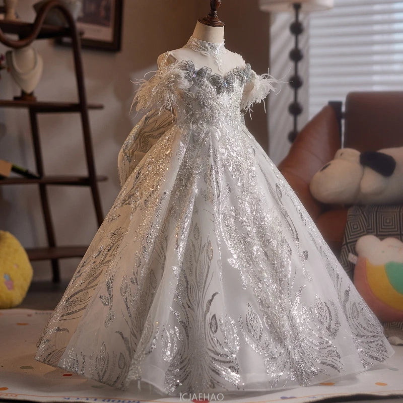 Long Dress Children Costume New Girls Birthday Princess Dresses Costume Kids Clothes Pageant Host Piano Performance Party Outfit