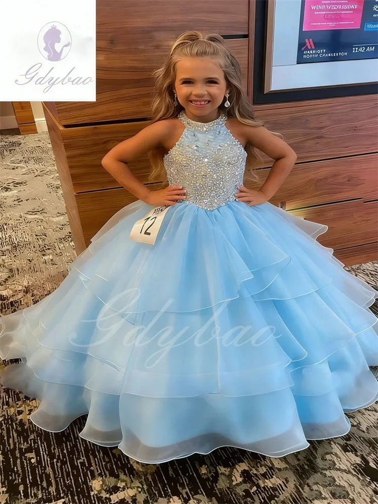 Customized Orange Flower Girl Dresses For Wedding Sleeveless Pearls Floor Length Birthday Party First Communion Ball Gown