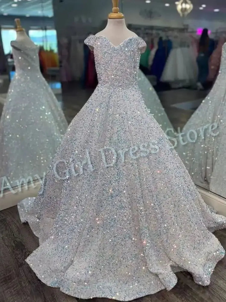 Luxury Shiny Sequins Flower Girl Dress For Wedding Satin Floor Length Princess Evening Party Pageant Birthday Gown Customized