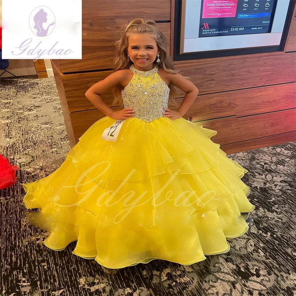 Customized Orange Flower Girl Dresses For Wedding Sleeveless Pearls Floor Length Birthday Party First Communion Ball Gown