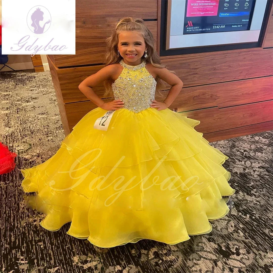 Customized Orange Flower Girl Dresses For Wedding Sleeveless Pearls Floor Length Birthday Party First Communion Ball Gown