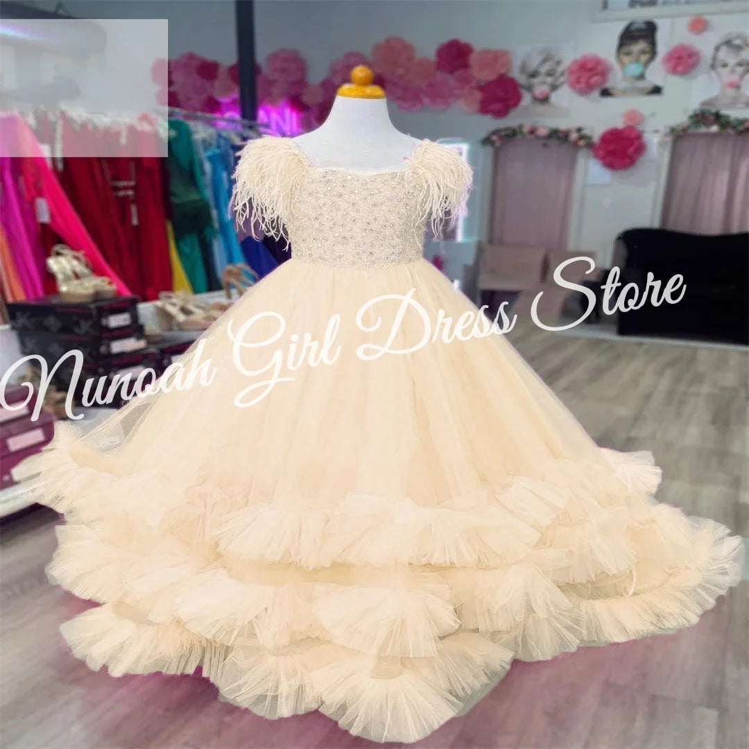 Pink Flower Girl Dress for Wedding Puffy Feather Beaded Elegant Kids Pageant Birthday Party First Communion Gown Customized