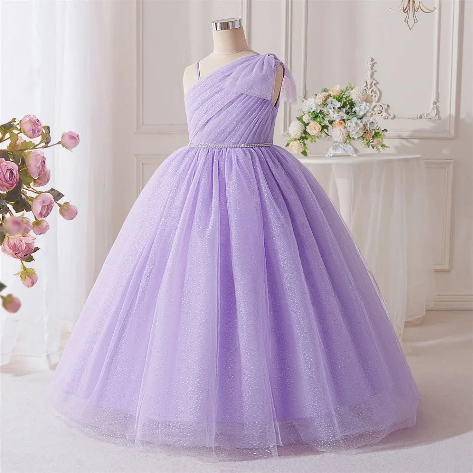 New Girls Purple Sequins Fluffy Dress Princess Violet Dress Children Slanted Shoulder Bow Wedding Dress Teen Piano Costume ASQ03