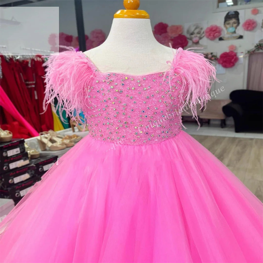 Pink Flower Girl Dress for Wedding Puffy Feather Beaded Elegant Kids Pageant Birthday Party First Communion Gown Customized