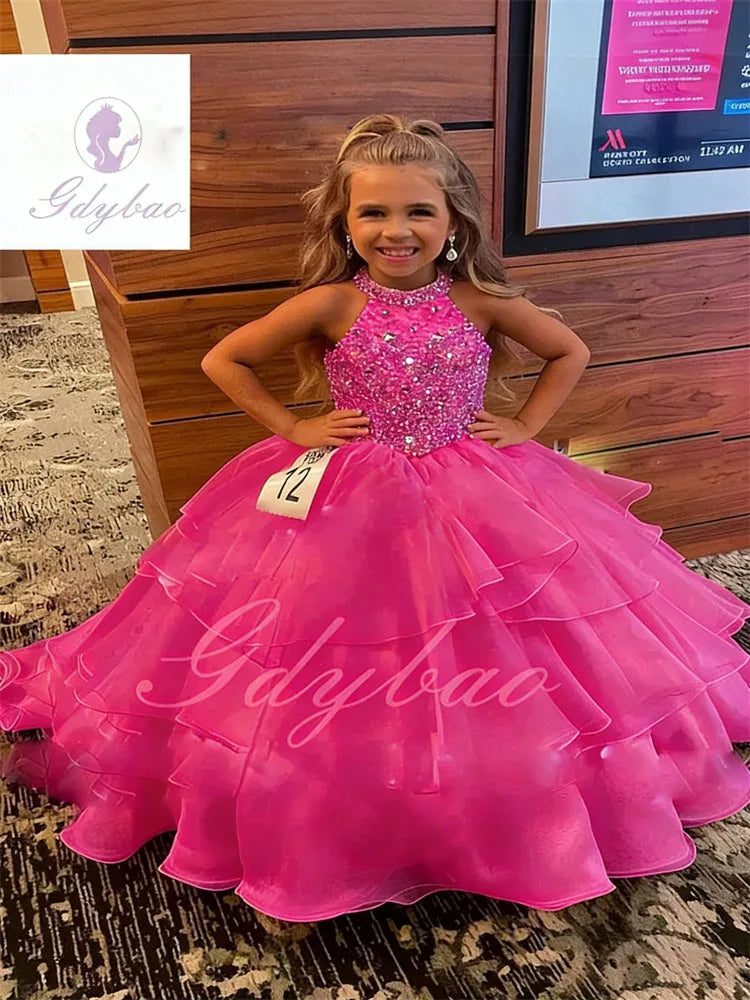Customized Orange Flower Girl Dresses For Wedding Sleeveless Pearls Floor Length Birthday Party First Communion Ball Gown