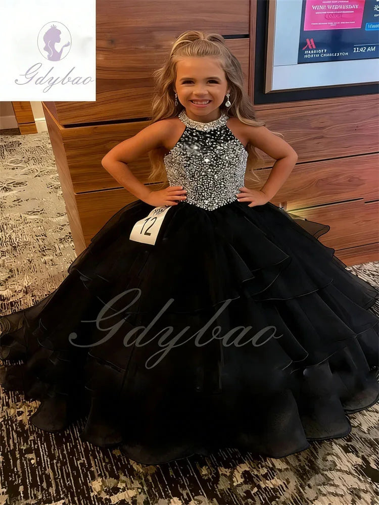 Customized Orange Flower Girl Dresses For Wedding Sleeveless Pearls Floor Length Birthday Party First Communion Ball Gown