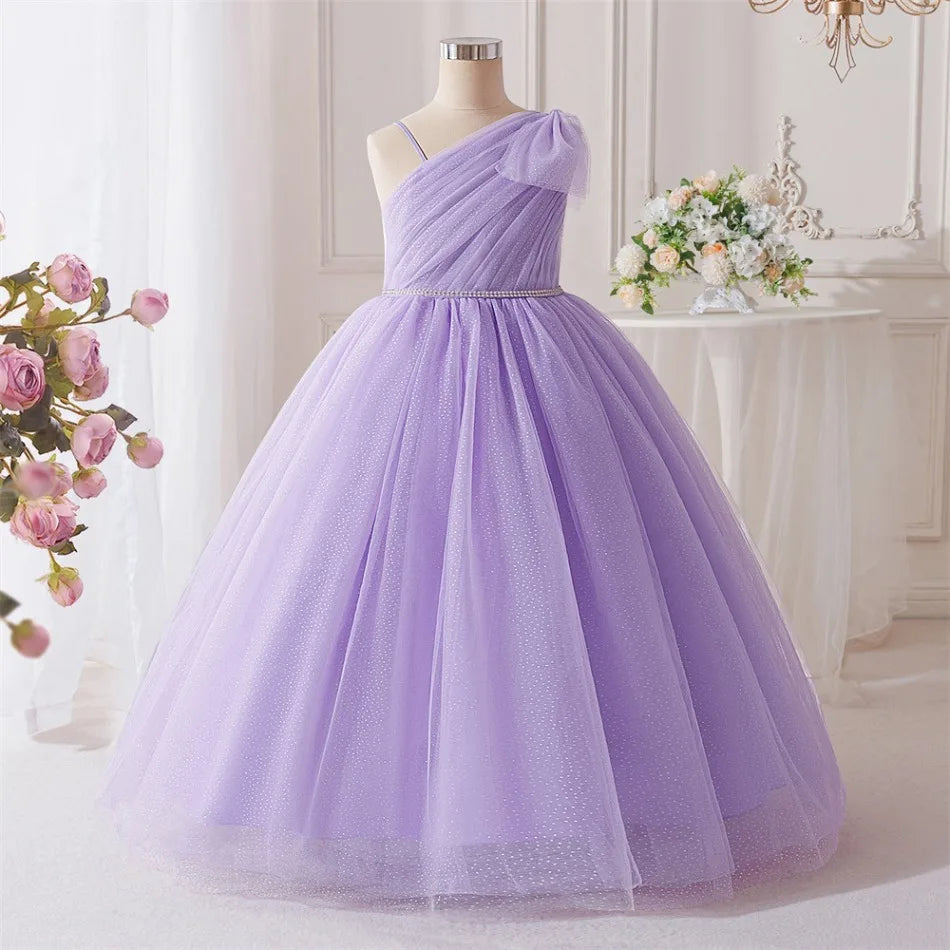 New Girls Purple Sequins Fluffy Dress Princess Violet Dress Children Slanted Shoulder Bow Wedding Dress Teen Piano Costume ASQ03