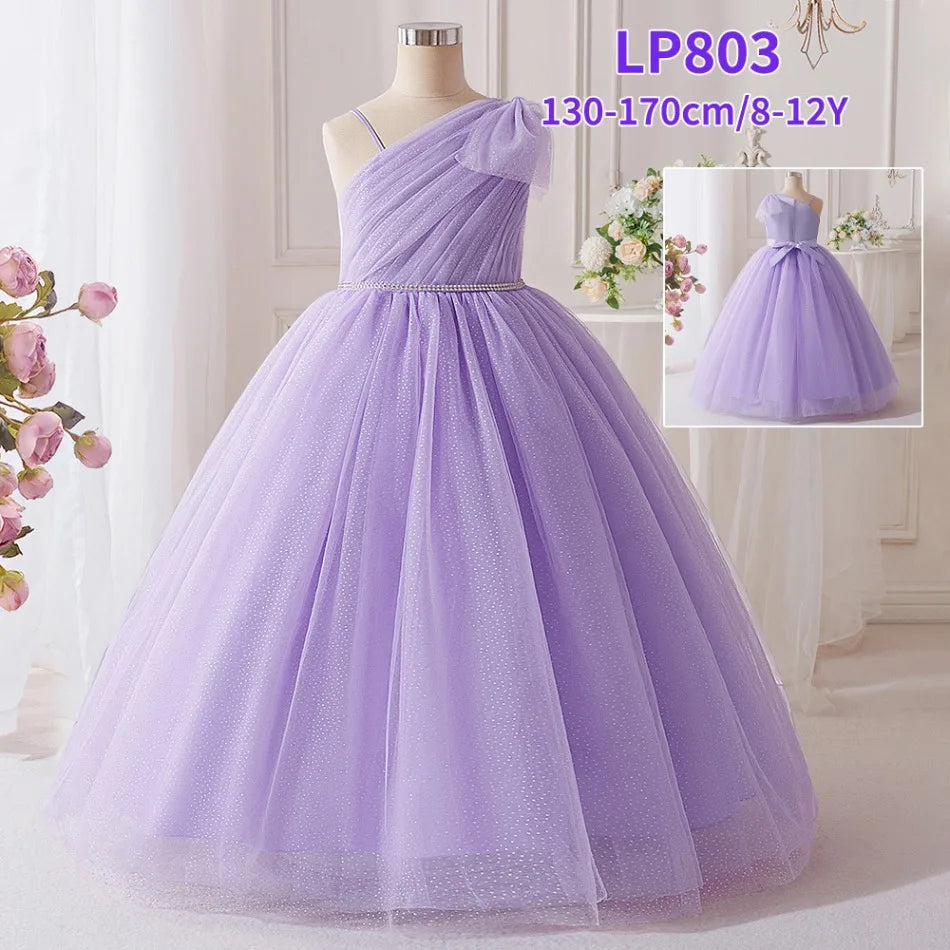 New Girls Purple Sequins Fluffy Dress Princess Violet Dress Children Slanted Shoulder Bow Wedding Dress Teen Piano Costume ASQ03