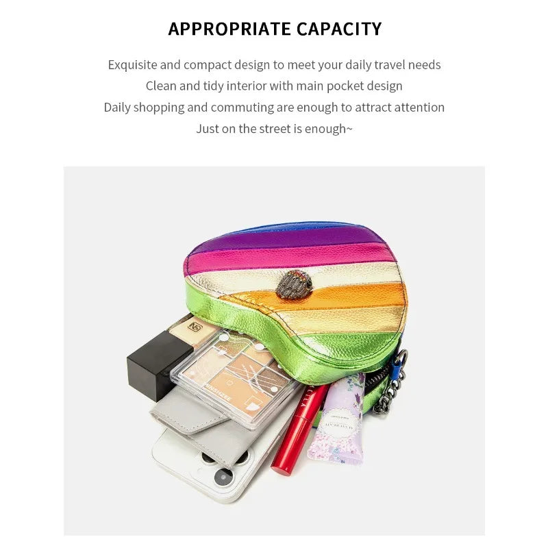 2026 New Metallic Rainbow Stripes Heart Bag PU Leather Chain Crossbody Purse