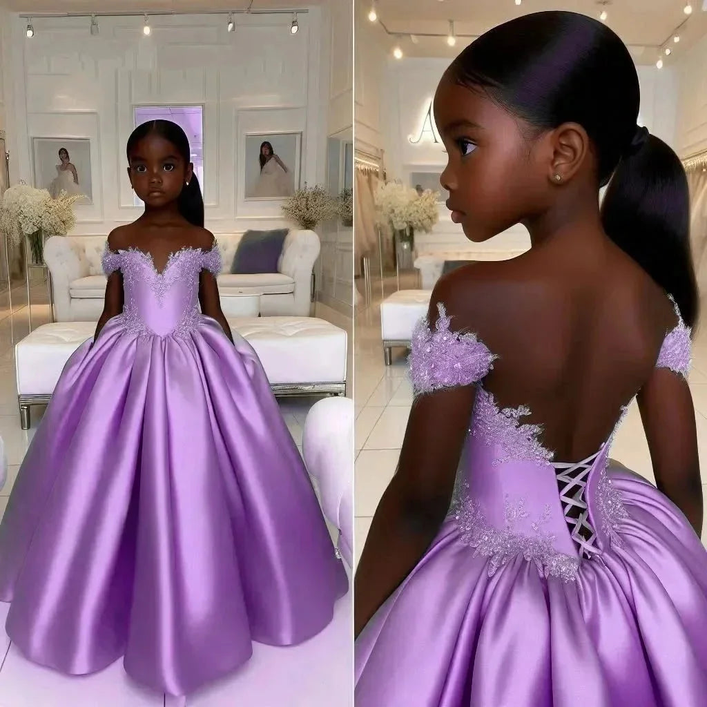 Satin Customized Flower Girl Dress For Wedding Off Shoulder Lace Appliqué With Corset Back Design Birthday First Communion Gown