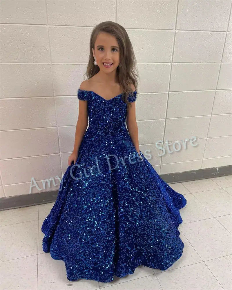 Luxury Shiny Sequins Flower Girl Dress For Wedding Satin Floor Length Princess Evening Party Pageant Birthday Gown Customized