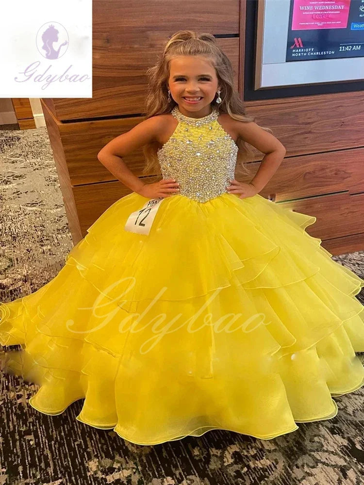 Customized Orange Flower Girl Dresses For Wedding Sleeveless Pearls Floor Length Birthday Party First Communion Ball Gown