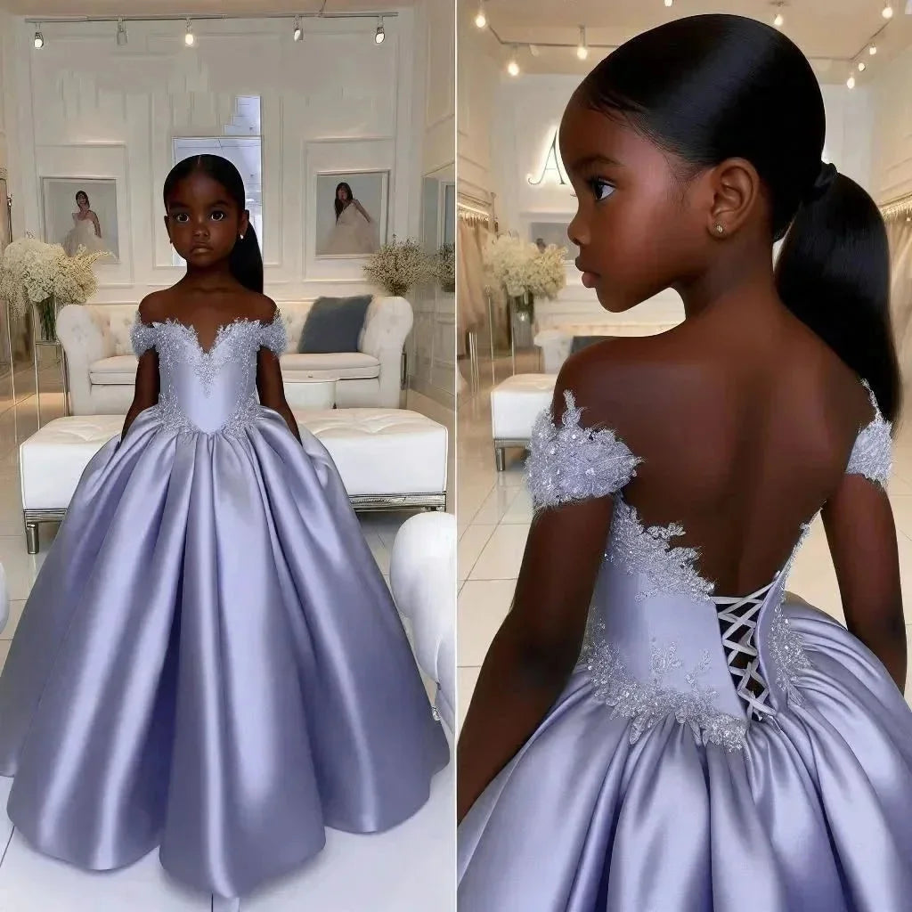 Satin Customized Flower Girl Dress For Wedding Off Shoulder Lace Appliqué With Corset Back Design Birthday First Communion Gown