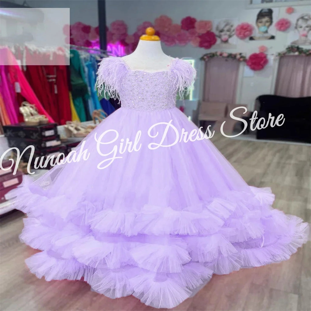 Pink Flower Girl Dress for Wedding Puffy Feather Beaded Elegant Kids Pageant Birthday Party First Communion Gown Customized