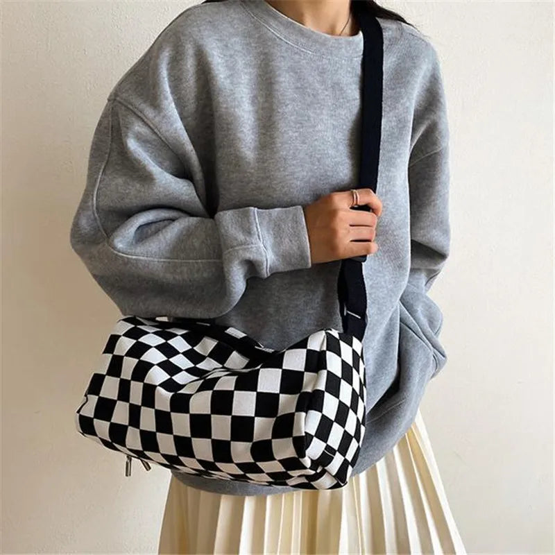 Trendy Black & White Checkerboard Crossbody Bag with Pendant, Casual Y2K Style Canvas Shoulder Purse for Women's Everyday Wear