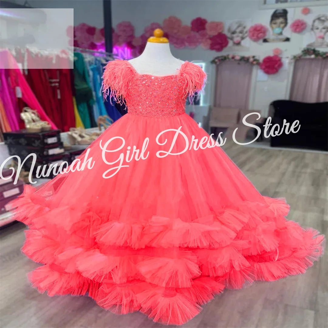 Pink Flower Girl Dress for Wedding Puffy Feather Beaded Elegant Kids Pageant Birthday Party First Communion Gown Customized