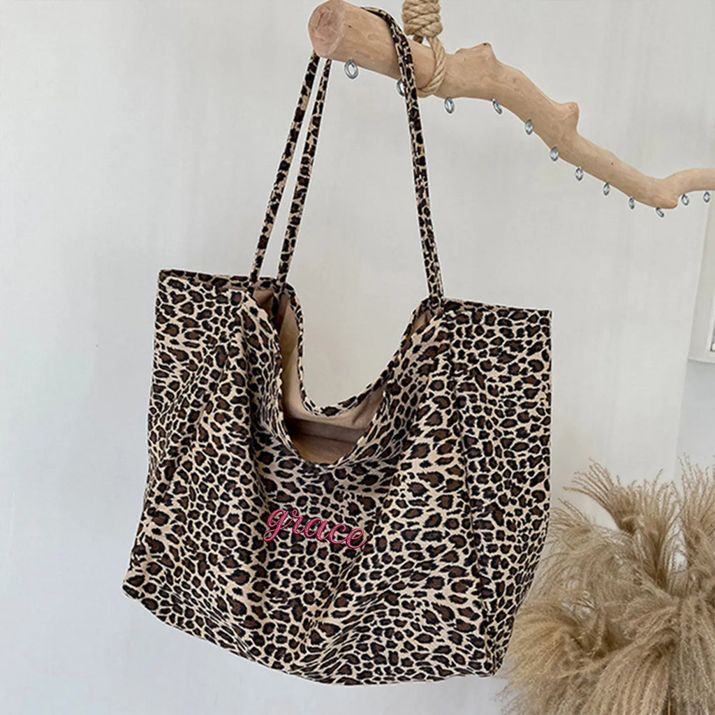 Custom Name Leopard Tote Bag Women Large Capacity Shoulder Bag Personalized Embroidery Fashion Casual Shopping Beach Handbag