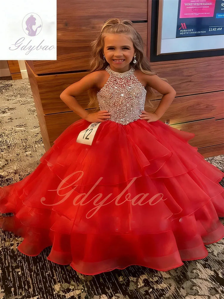 Customized Orange Flower Girl Dresses For Wedding Sleeveless Pearls Floor Length Birthday Party First Communion Ball Gown