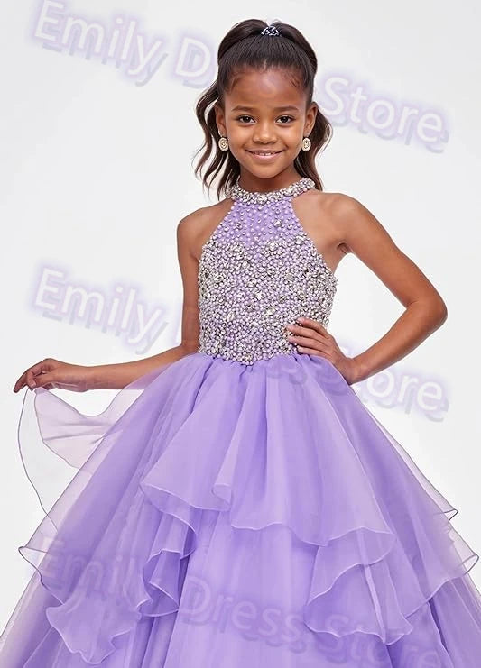 Customized Purple Flower Girl Dress For Wedding Beaded Shining Puffy Ruffles Pageant Kids Baby Birthday First Communion Gown