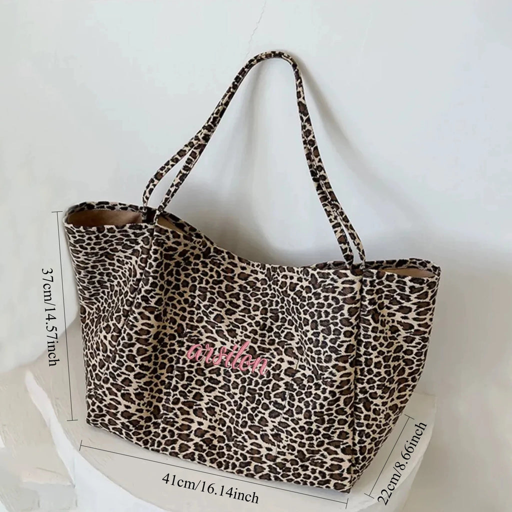 Custom Name Leopard Tote Bag Women Large Capacity Shoulder Bag Personalized Embroidery Fashion Casual Shopping Beach Handbag