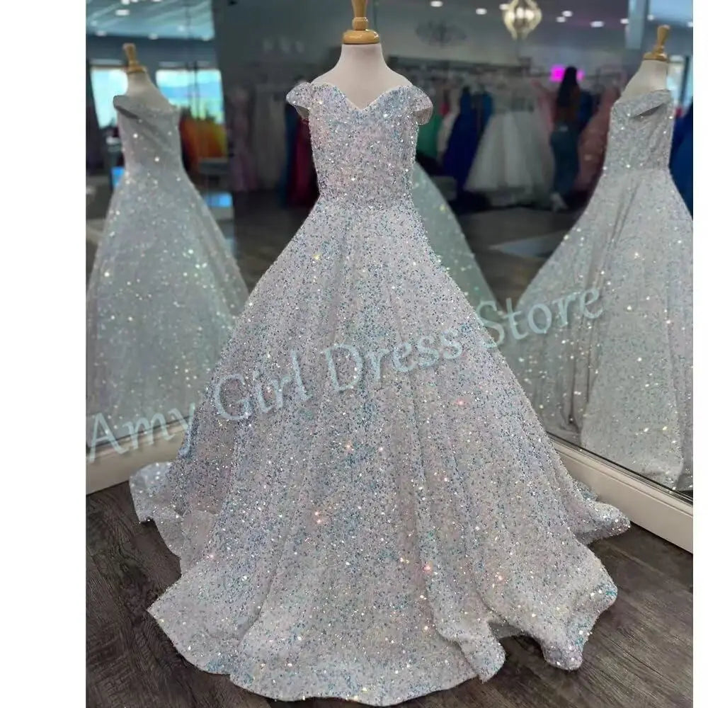 Luxury Shiny Sequins Flower Girl Dress For Wedding Satin Floor Length Princess Evening Party Pageant Birthday Gown Customized