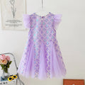 Girls Purple Mermaid Sequin Tulle Dress with Bow Veil Headband Kids Flutter Sleeve Princess Birthday Party Costume Dress