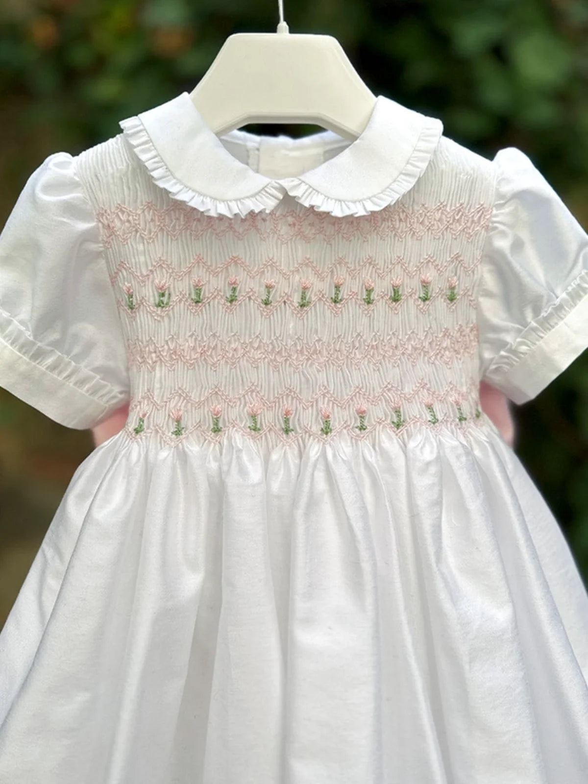 Summer Girl Handmade Flower Embroidery Pink Bow White Smoked Dress For Casual Party Birthday Wedding Photography A442