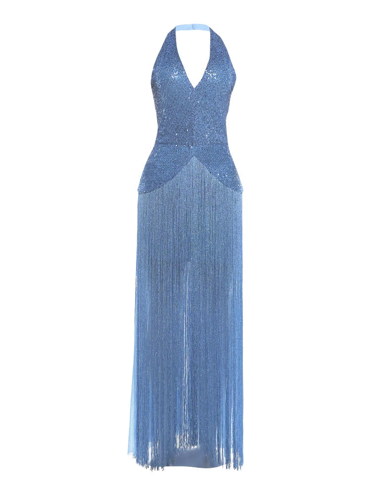 Sisterlinda Backless Dress Woman Sequin Patchwork Halter Low-Neck Tassel Decoration Hem Midnight Prom Party Elegant Vestidos