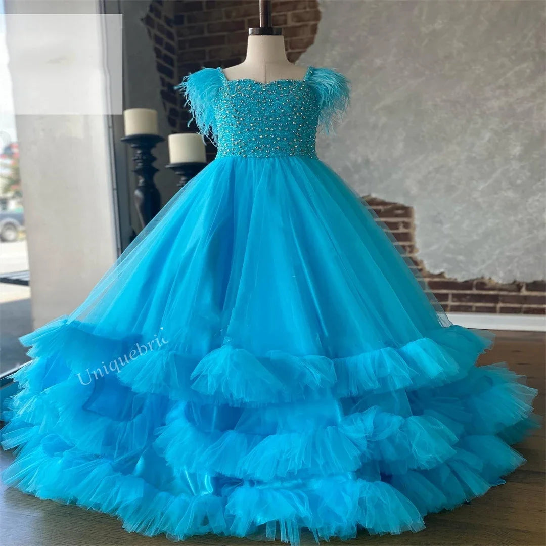 Pink Flower Girl Dress for Wedding Puffy Feather Beaded Elegant Kids Pageant Birthday Party First Communion Gown Customized
