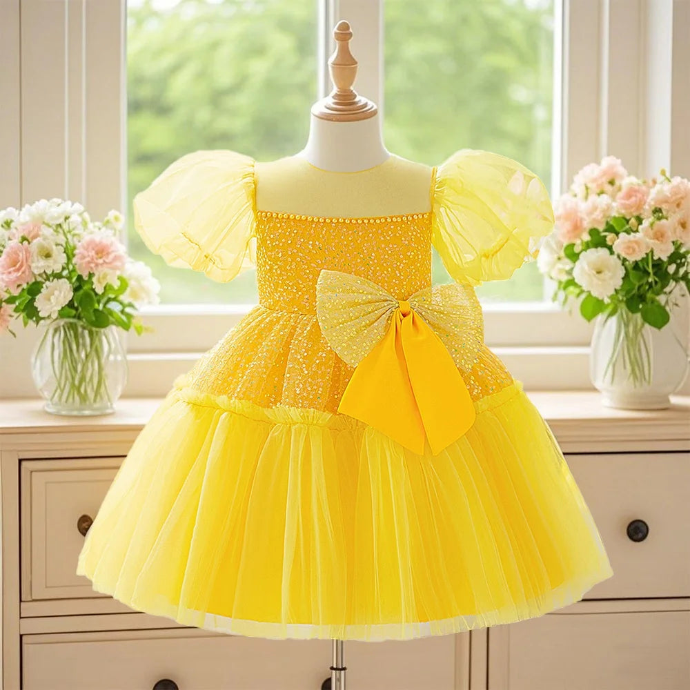 Orange puff sleeve dress for girls sequined princess dress elegant dress for birthday party piano concert wedding