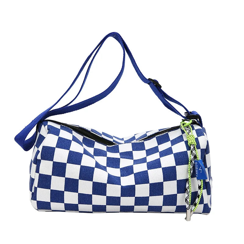 Trendy Black & White Checkerboard Crossbody Bag with Pendant, Casual Y2K Style Canvas Shoulder Purse for Women's Everyday Wear