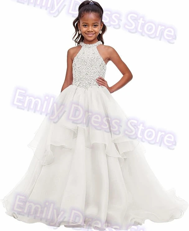 Customized Purple Flower Girl Dress For Wedding Beaded Shining Puffy Ruffles Pageant Kids Baby Birthday First Communion Gown
