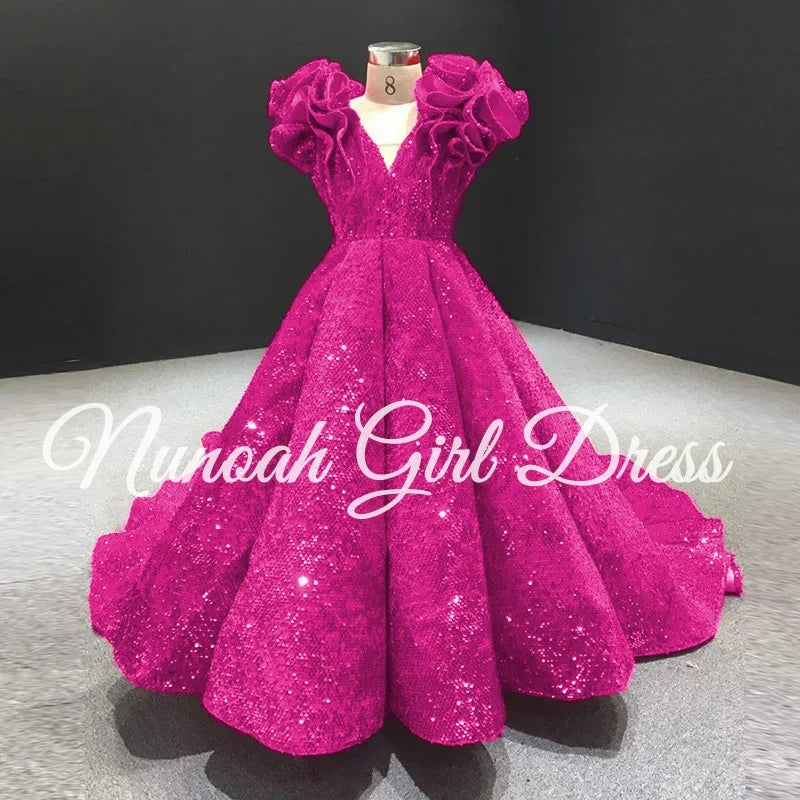 Shining Red Flower Girl Dresses for Wedding Sequins Ruffles Puffy Girl Kids Birthday Party First Holy Communion Gowns Customized
