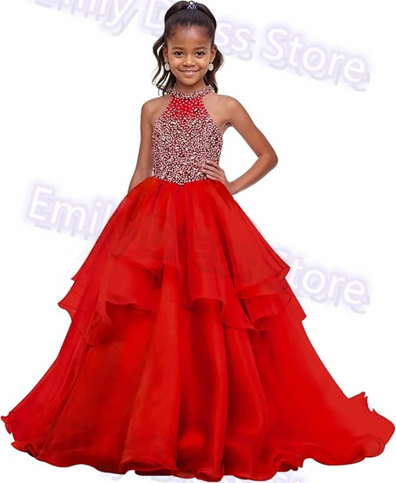 Customized Purple Flower Girl Dress For Wedding Beaded Shining Puffy Ruffles Pageant Kids Baby Birthday First Communion Gown