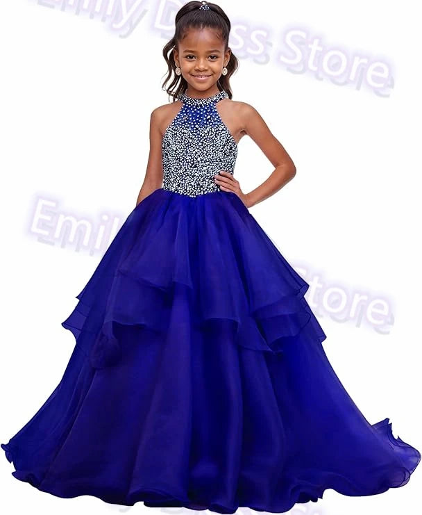 Customized Purple Flower Girl Dress For Wedding Beaded Shining Puffy Ruffles Pageant Kids Baby Birthday First Communion Gown