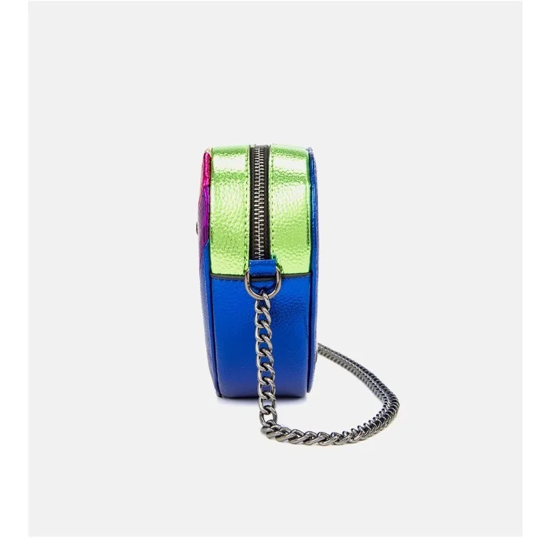 2026 New Metallic Rainbow Stripes Heart Bag PU Leather Chain Crossbody Purse