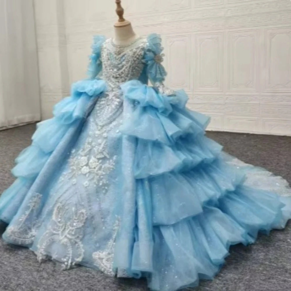 Luxury Beaded Pearl Sequin Girls Gown