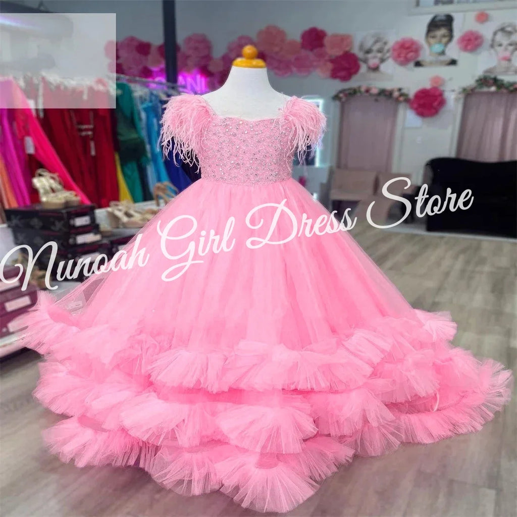 Pink Flower Girl Dress for Wedding Puffy Feather Beaded Elegant Kids Pageant Birthday Party First Communion Gown Customized