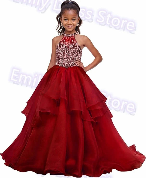 Customized Purple Flower Girl Dress For Wedding Beaded Shining Puffy Ruffles Pageant Kids Baby Birthday First Communion Gown