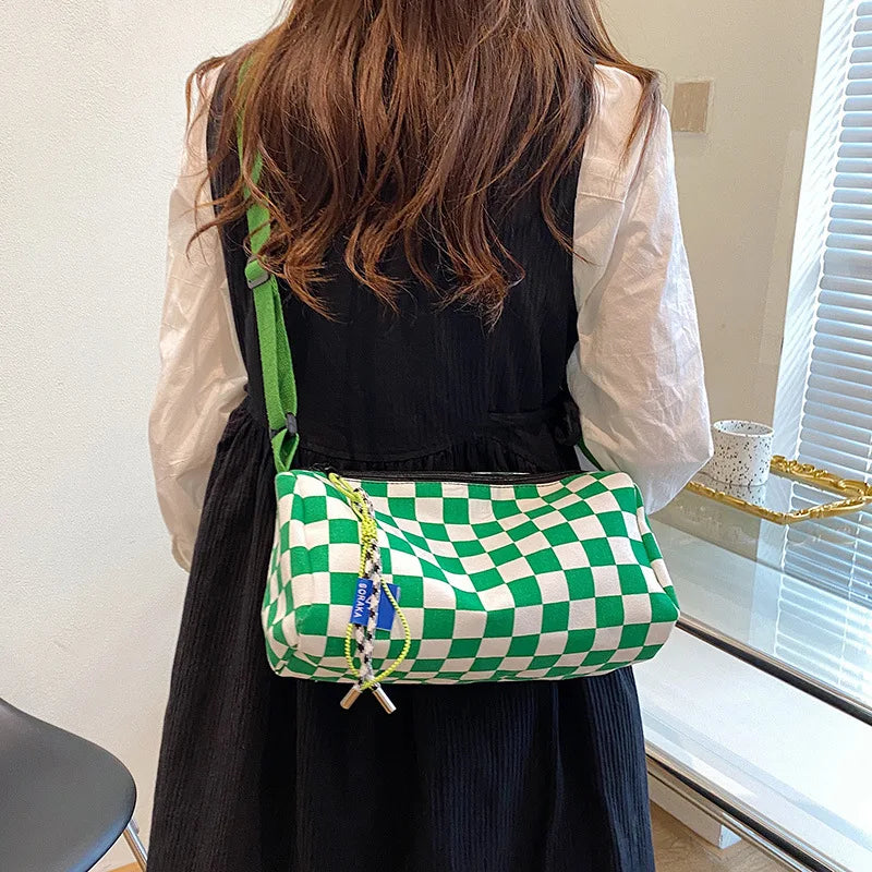 Trendy Black & White Checkerboard Crossbody Bag with Pendant, Casual Y2K Style Canvas Shoulder Purse for Women's Everyday Wear