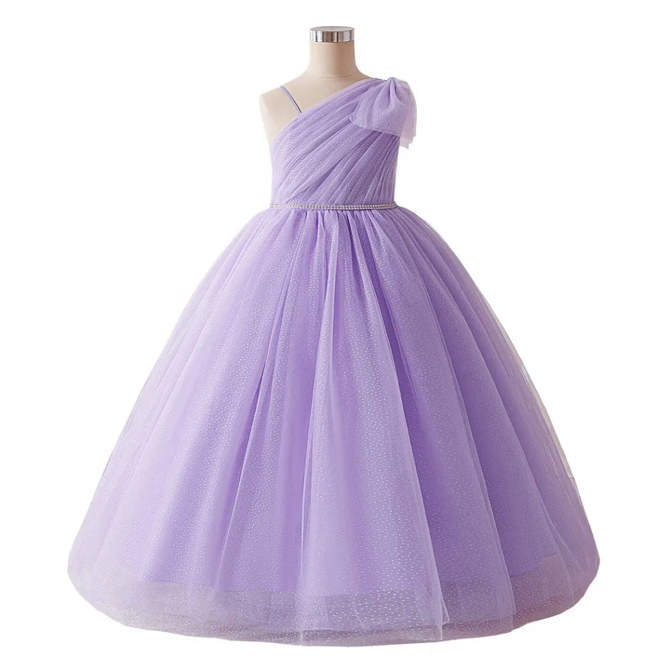 New Girls Purple Sequins Fluffy Dress Princess Violet Dress Children Slanted Shoulder Bow Wedding Dress Teen Piano Costume ASQ03