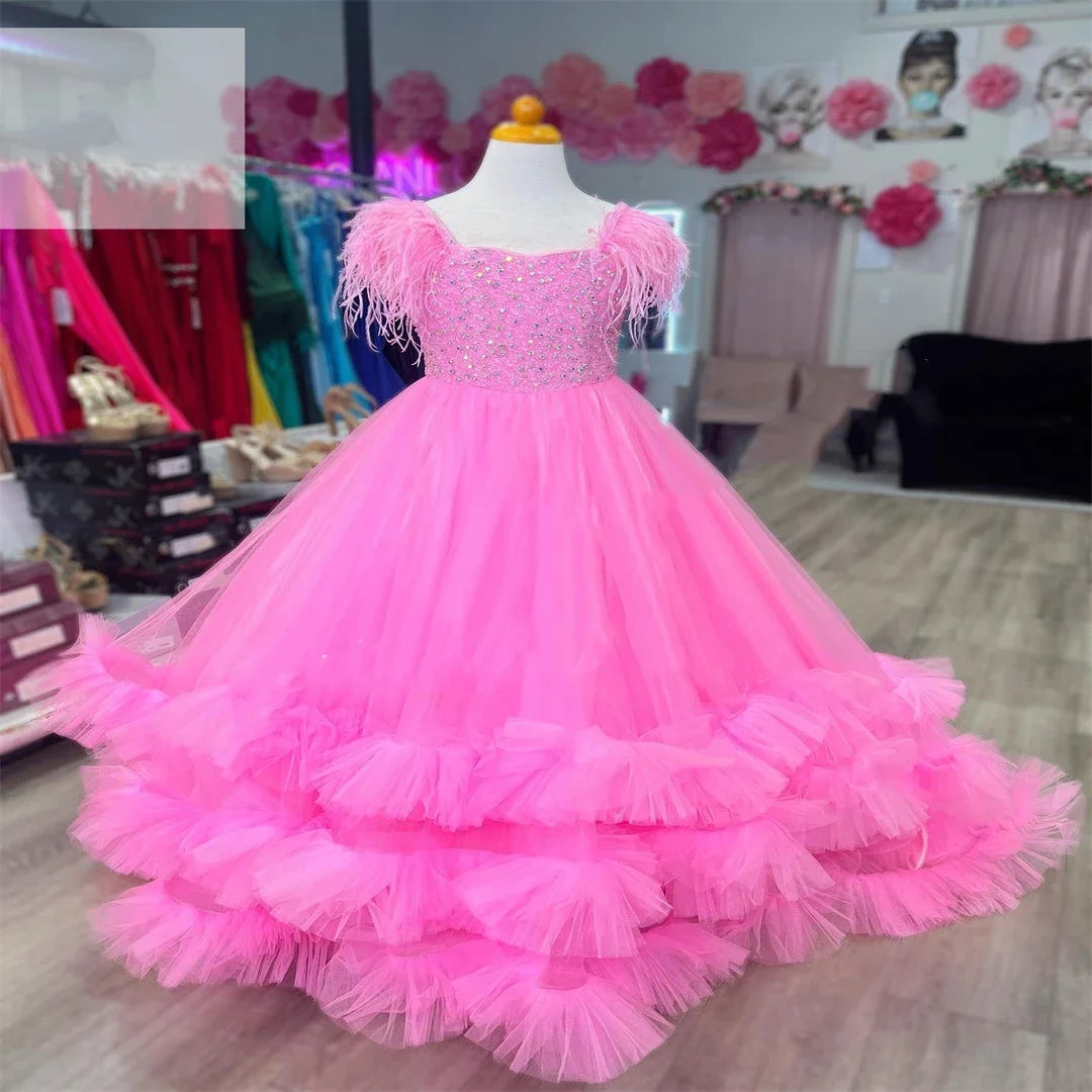 Pink Flower Girl Dress for Wedding Puffy Feather Beaded Elegant Kids Pageant Birthday Party First Communion Gown Customized