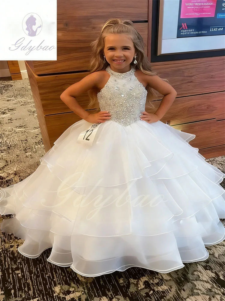Customized Orange Flower Girl Dresses For Wedding Sleeveless Pearls Floor Length Birthday Party First Communion Ball Gown