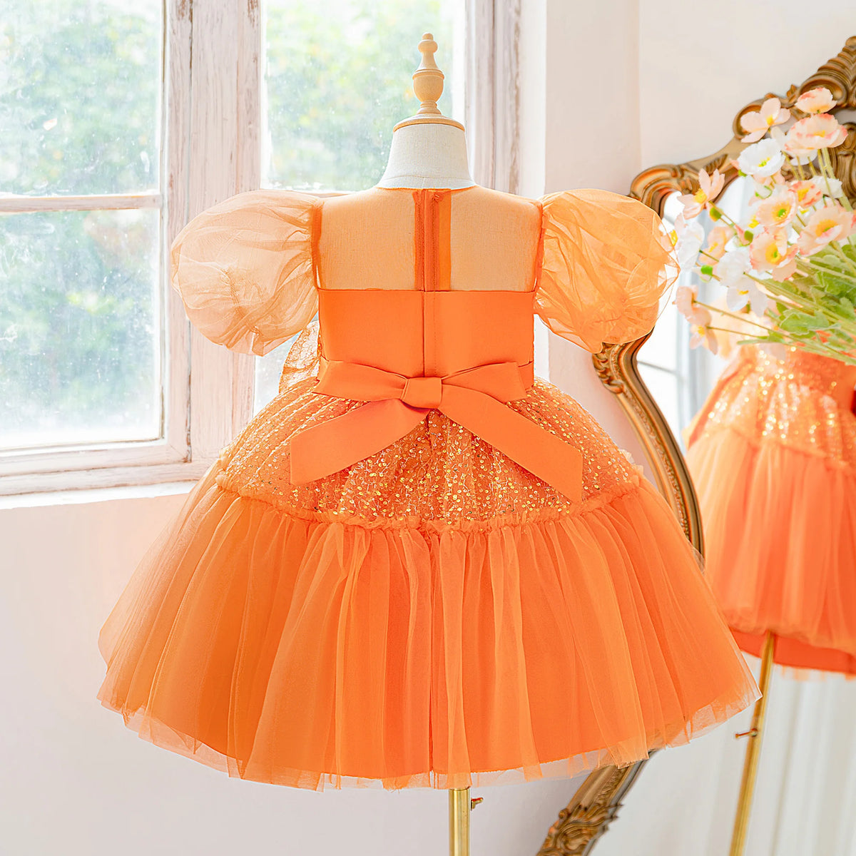 Orange puff sleeve dress for girls sequined princess dress elegant dress for birthday party piano concert wedding