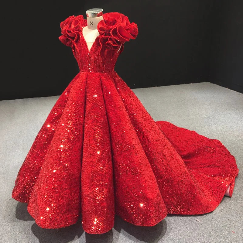 Shining Red Flower Girl Dresses for Wedding Sequins Ruffles Puffy Girl Kids Birthday Party First Holy Communion Gowns Customized
