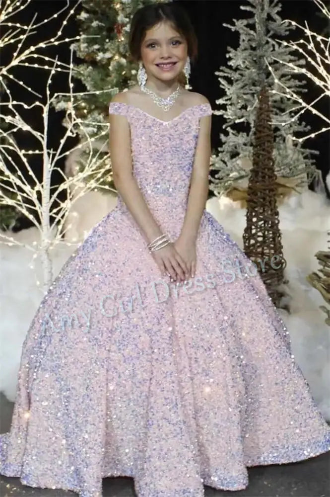 Luxury Shiny Sequins Flower Girl Dress For Wedding Satin Floor Length Princess Evening Party Pageant Birthday Gown Customized